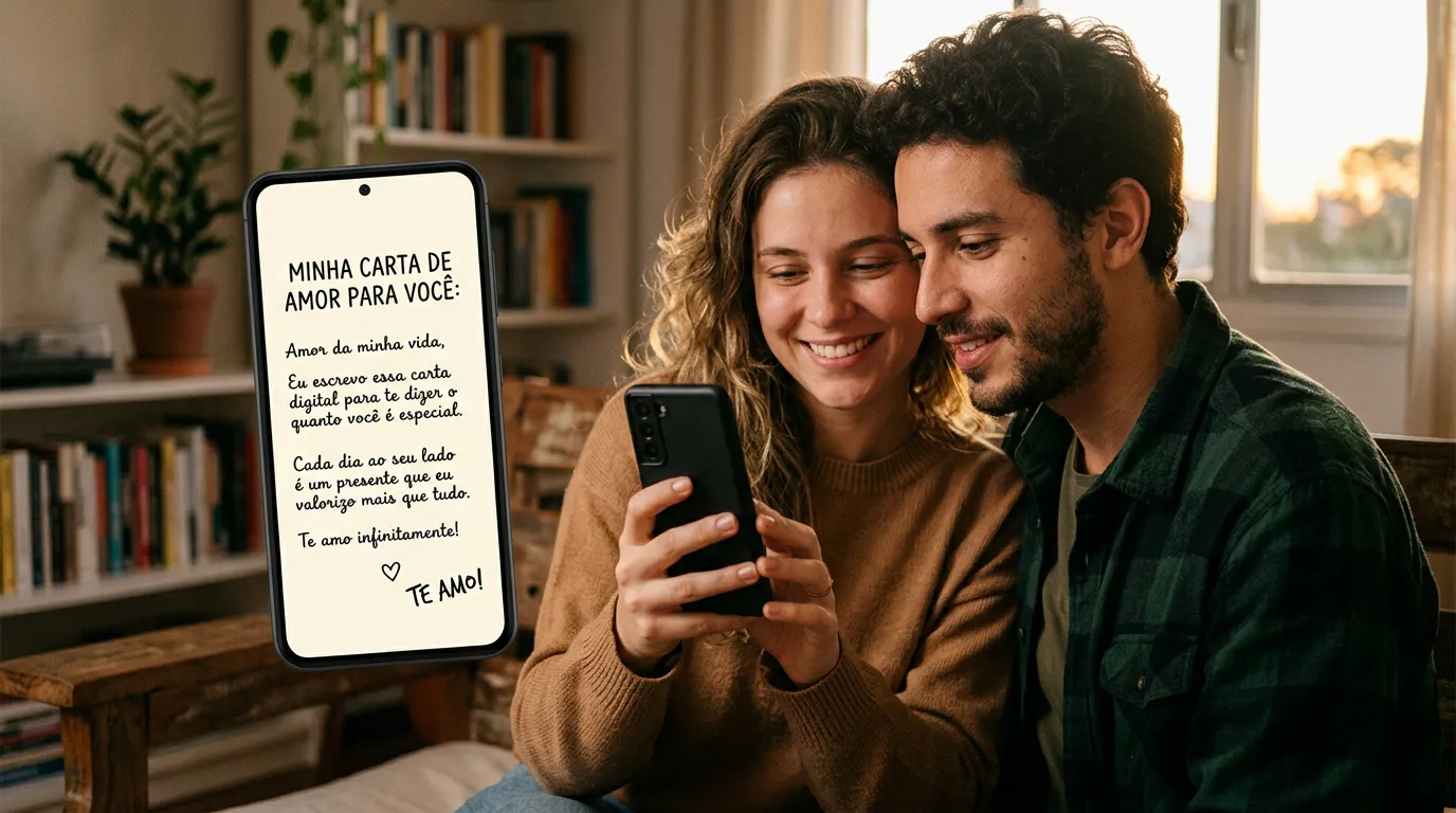 Tela de celular exibindo uma linda carta de amor digital para o casal.