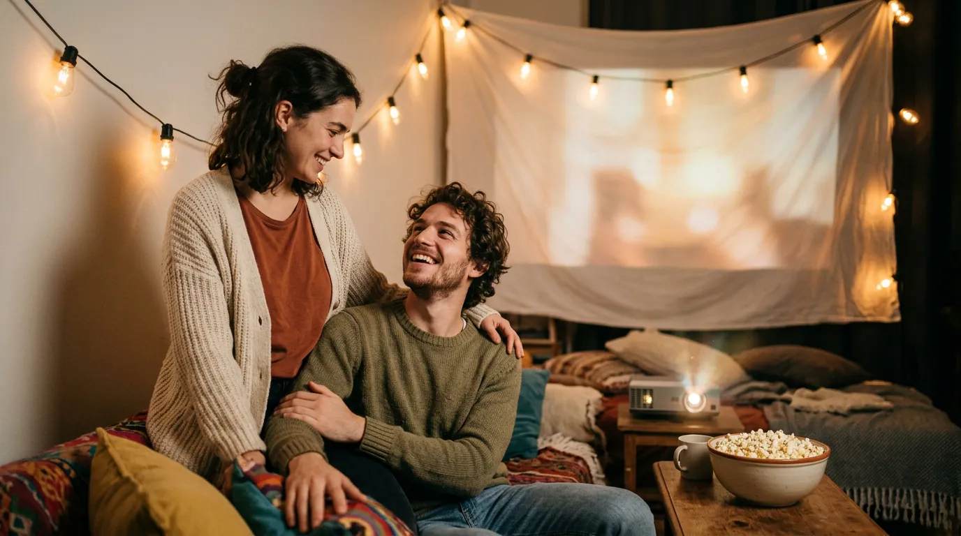 Casal feliz no sofá em um cinema caseiro romântico com luzes decorativas e pipoca.