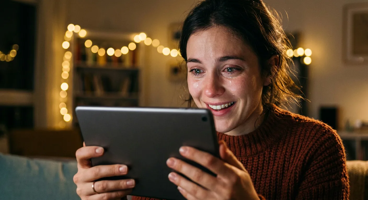 Mulher emocionada com lágrimas de alegria lendo uma mensagem personalizada em seu tablet.