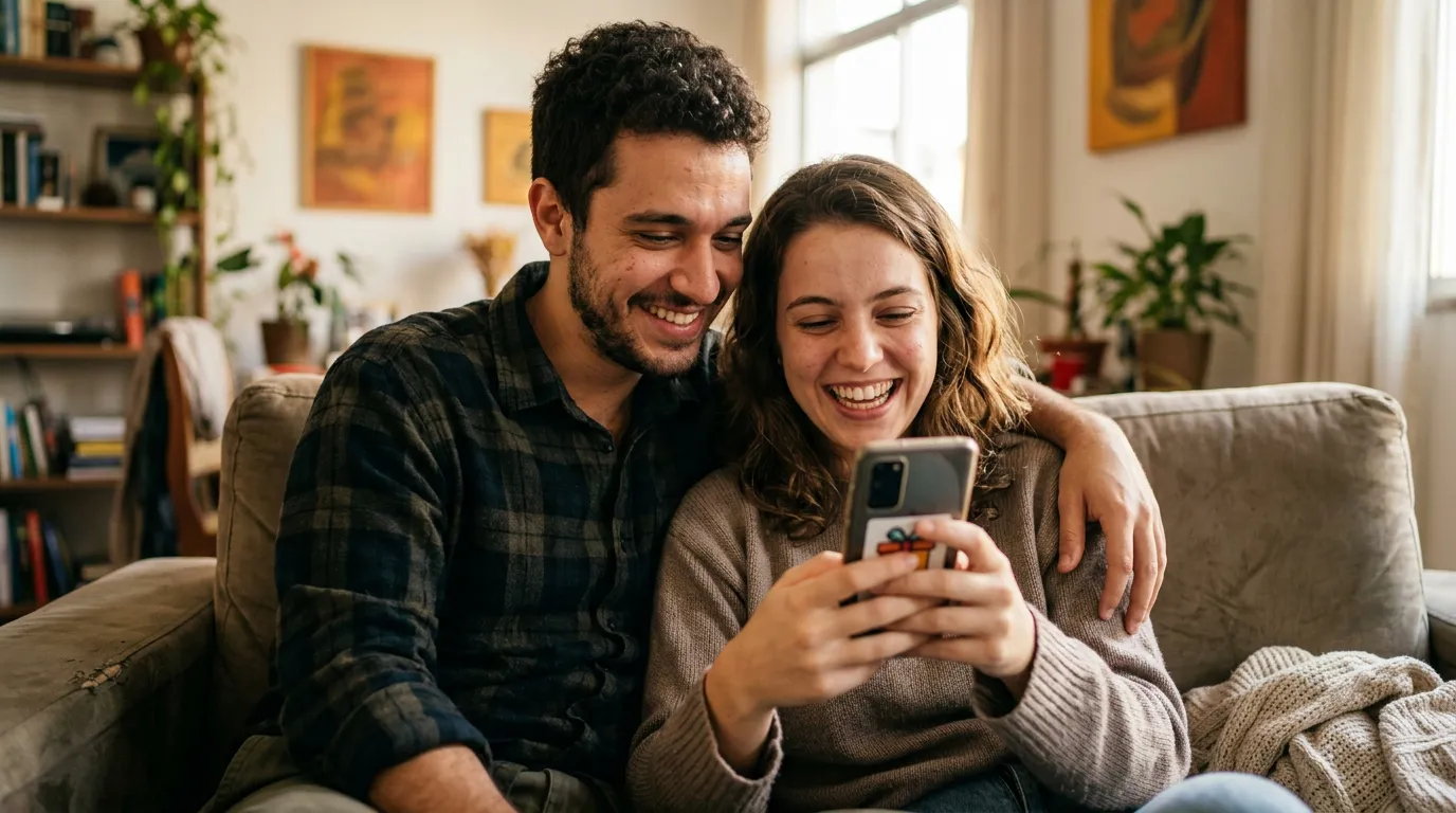 Casal feliz e abraçado olhando para a tela de um celular em uma sala aconchegante.
