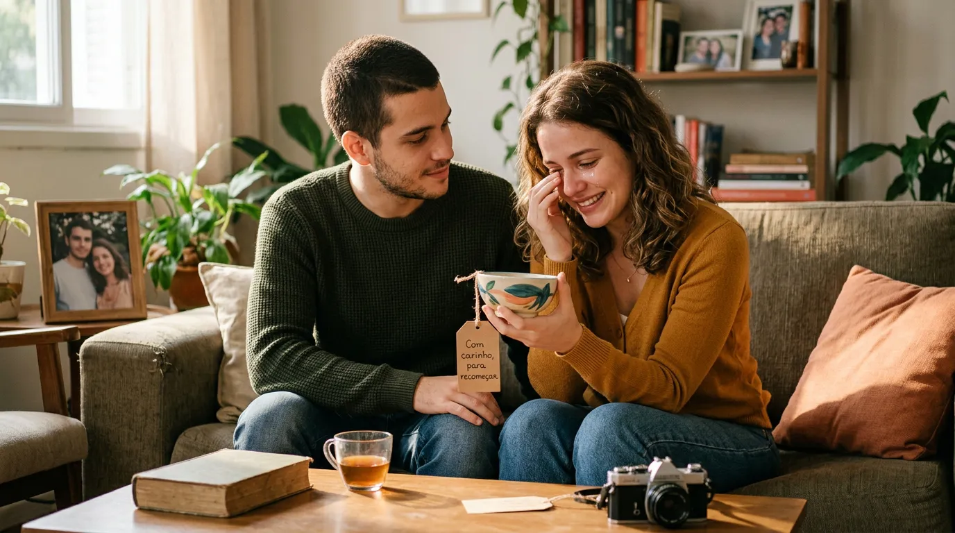 Um casal jovem em um sofá, a mulher emocionada e segurando uma tigela com uma etiqueta que diz 'Com carinho, para recomeçar'.