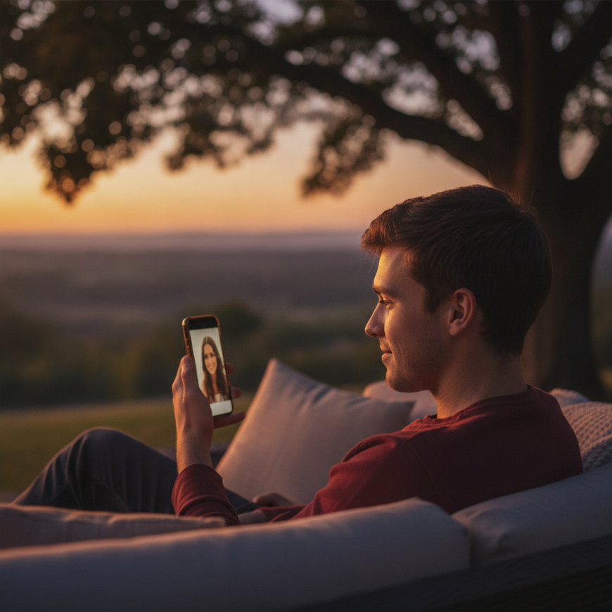 Rapaz sorrindo em videochamada pelo celular ao ar livre, diminuindo a saudade da parceira.