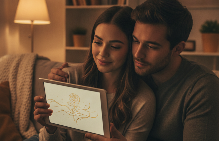 Casal no sofá, à noite, olhando emocionados para um tablet exibindo uma ilustração de mãos e uma rosa dourada.