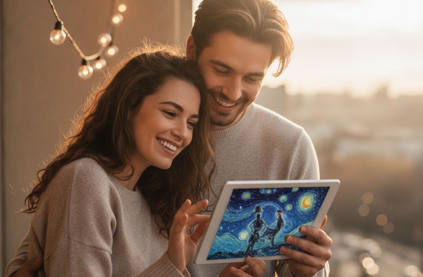 Casal feliz na sacada ao pôr do sol segurando um tablet com uma pintura romântica.