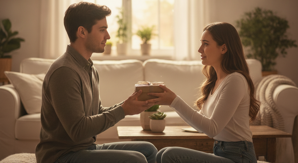 Casal em momento íntimo de reconciliação, homem entregando um presente para a mulher.