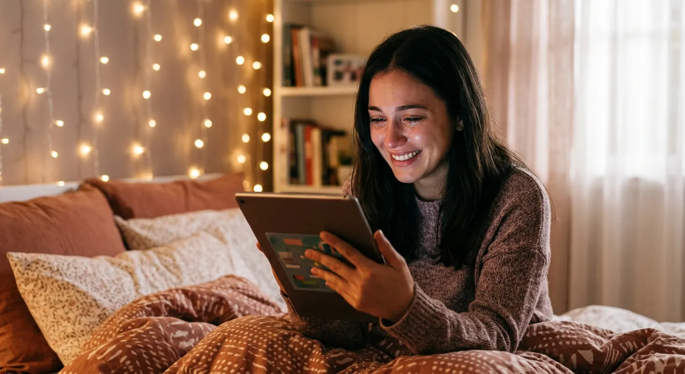 Mulher jovem, sorrindo e chorando de emoção, segura um tablet em uma cama aconchegante.