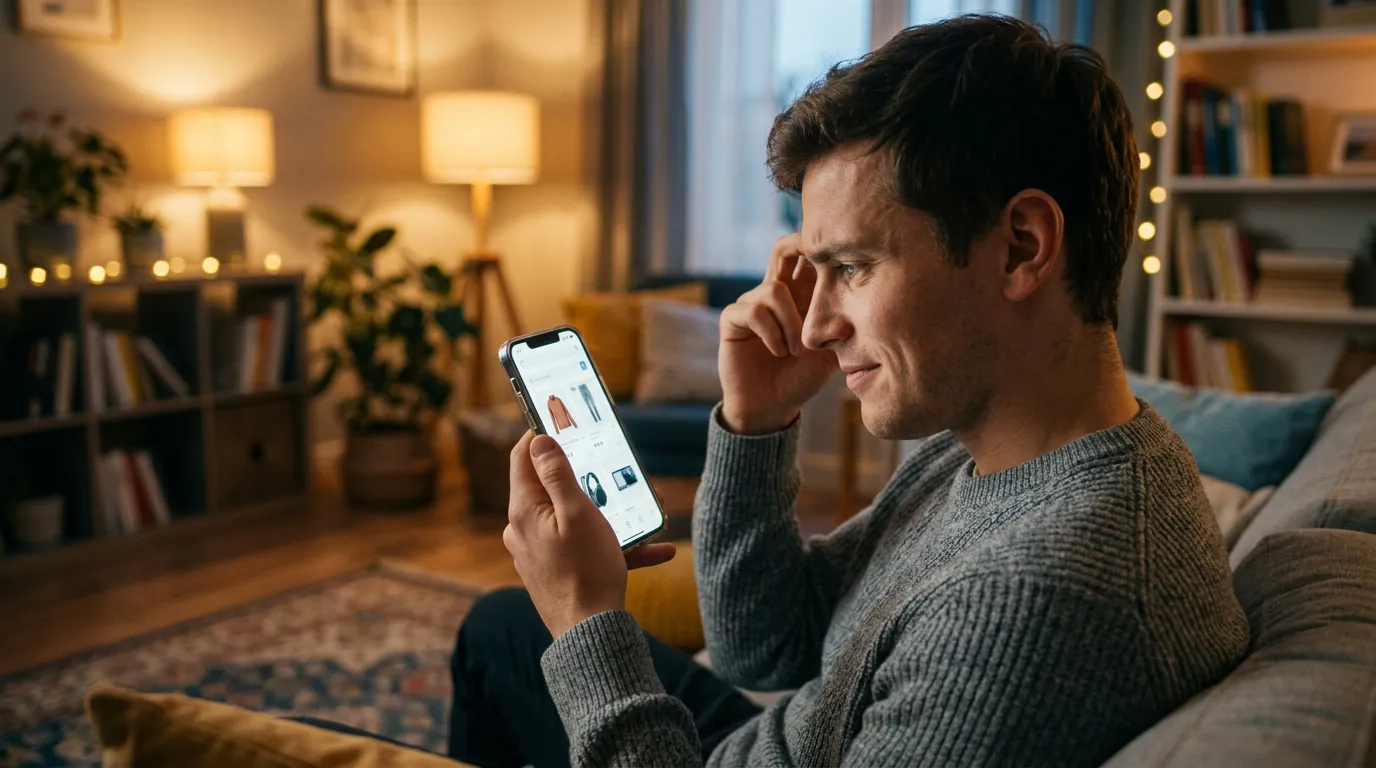 Homem com expressão de dúvida no sofá, olhando para o celular enquanto tenta escolher roupas online.