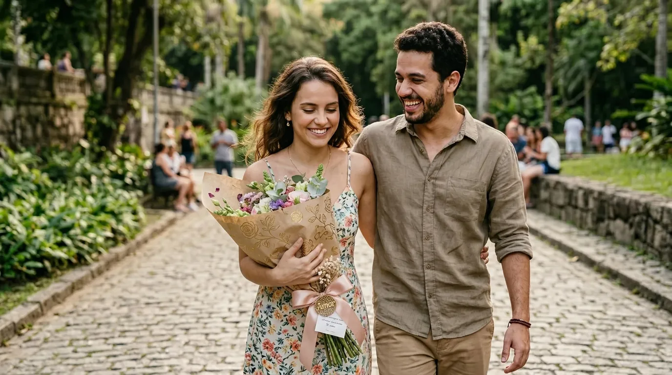Casal sorridente caminhando em parque de pedra, mulher segurando um buquê de flores personalizado.