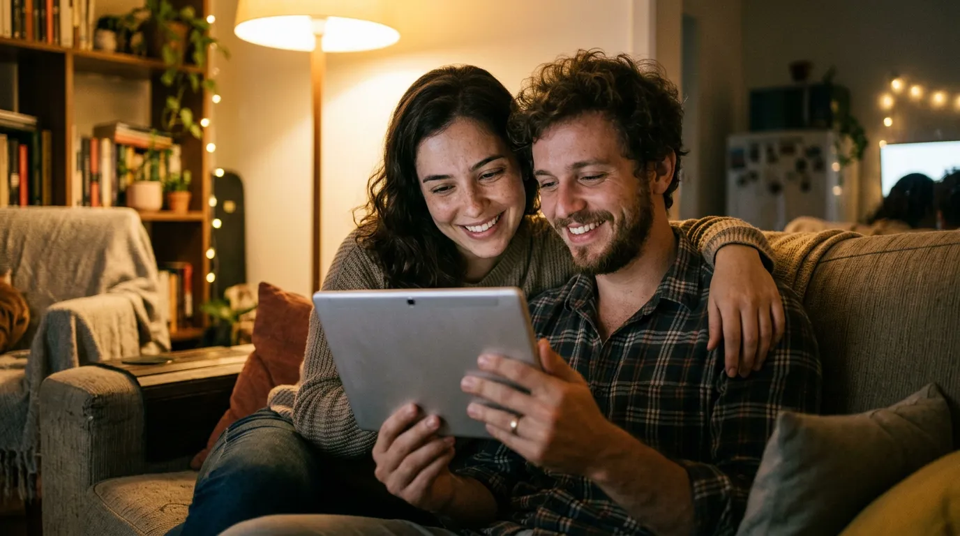 Um casal sorridente sentado em um sofá olhando para um tablet em um ambiente acolhedor à noite.