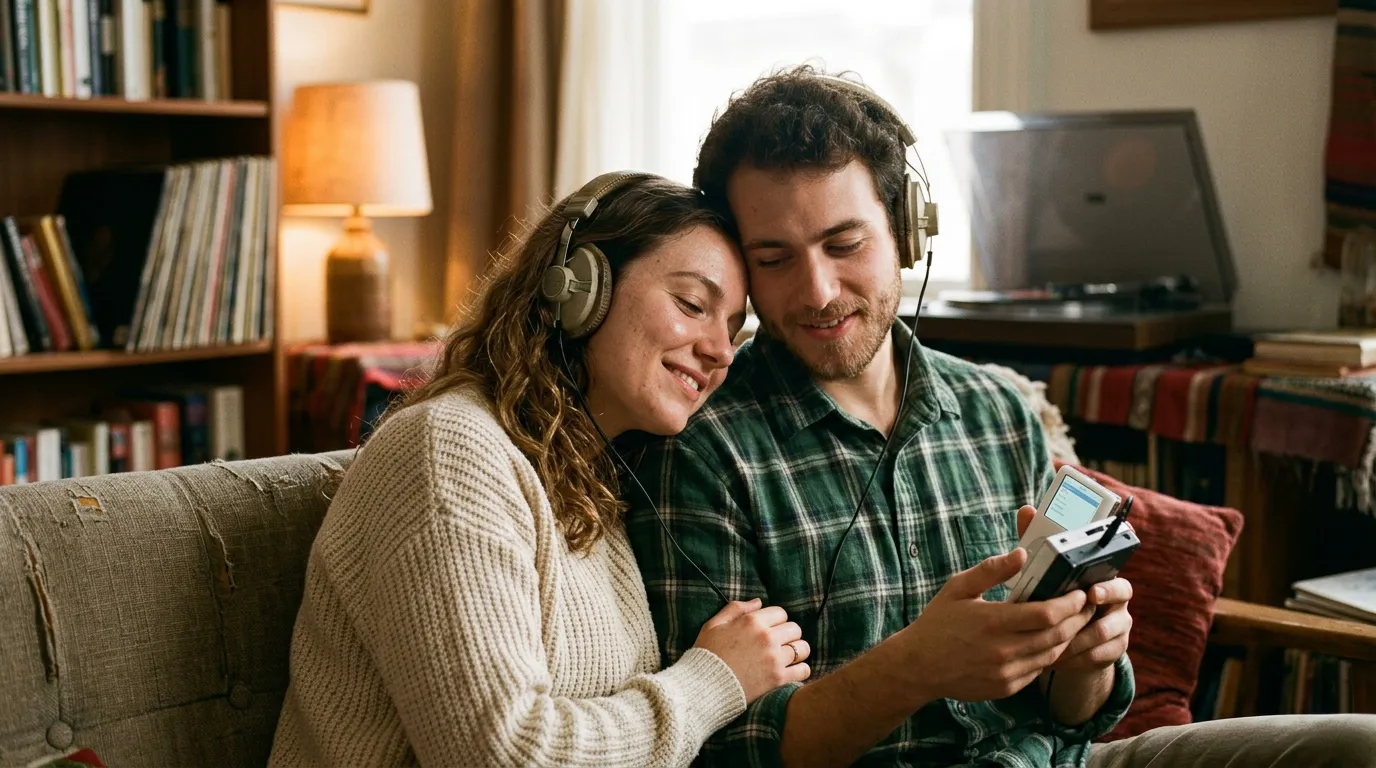 Casal abraçado dividindo fones de ouvido para ouvir música em sala de estar aconchegante.