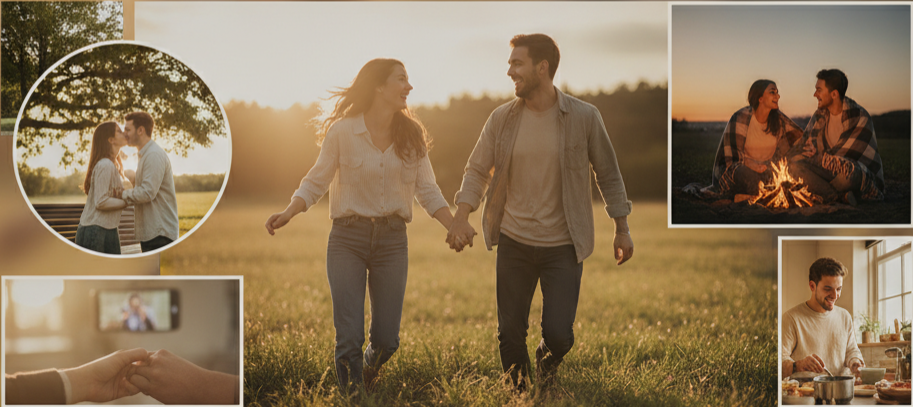 Colagem de momentos românticos de um casal, incluindo pôr do sol, fogueira e vida em casa.
