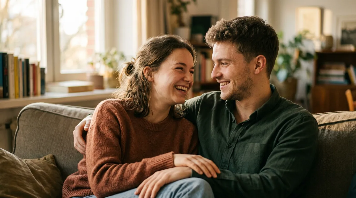 Casal jovem se abraça e ri feliz sentado em um sofá confortável de uma sala de estar aconchegante.