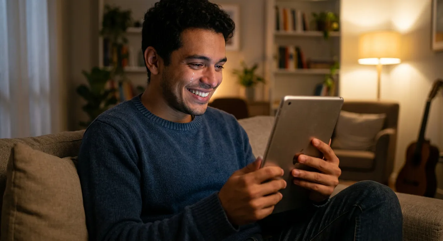 Homem jovem sorrindo e chorando ao olhar para um tablet no sofá à noite, em uma sala aconchegante.