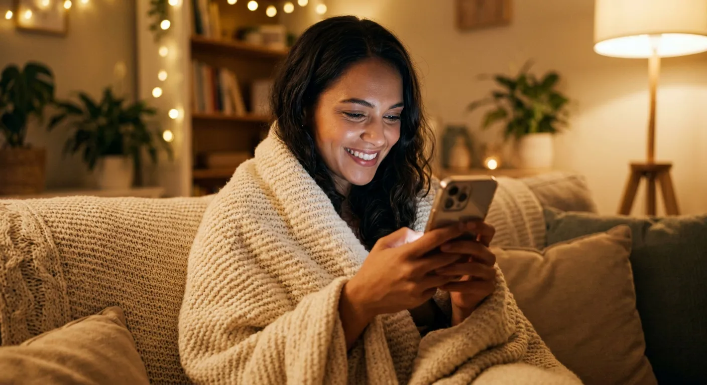 Uma jovem mulher sorridente, envolta em uma manta de tricô, olha alegremente para a tela de seu smartphone à noite.