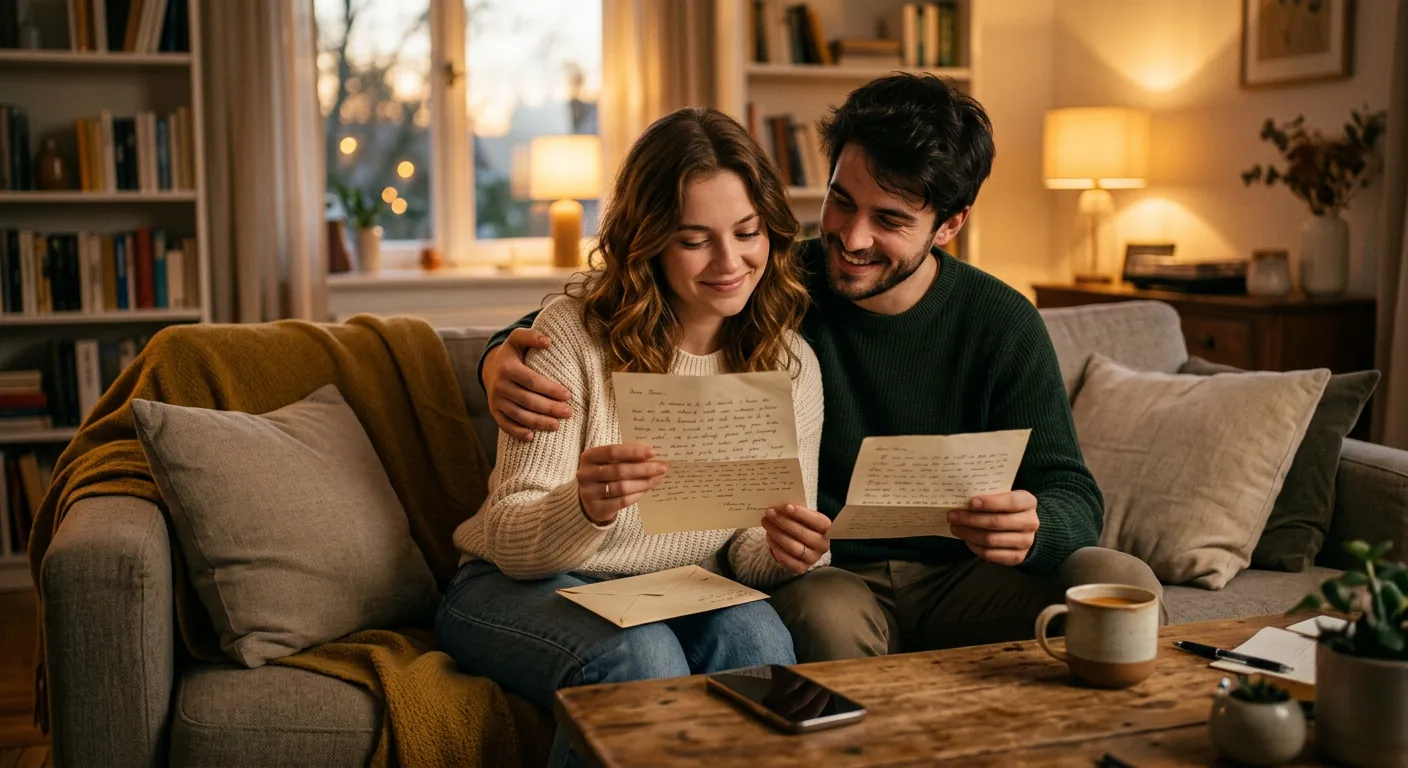 Casal aconchegado no sofá lendo cartas manuscritas à luz quente.