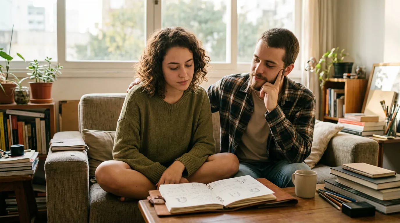 Casal jovem sentado no sofá lendo um caderno aberto em uma sala de estar aconchegante com livros.