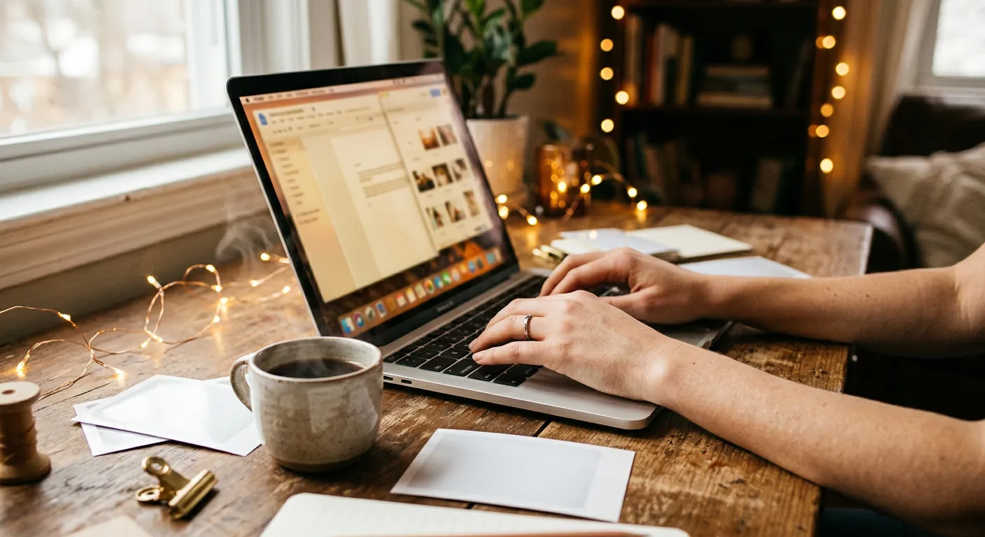 Mãos com aliança digitando no notebook sobre mesa rústica com luzes de fada e café quente.