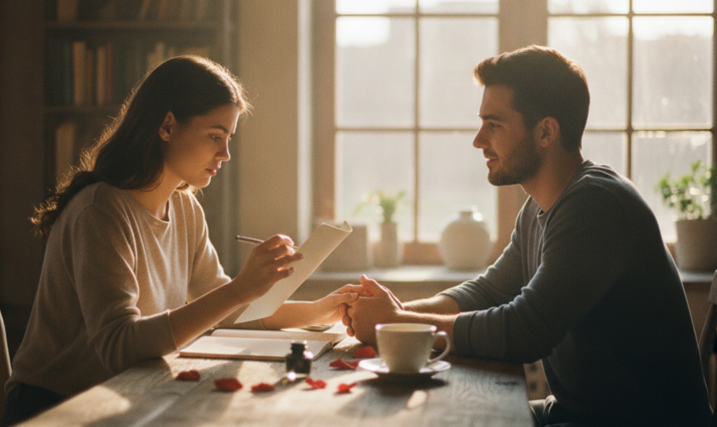Mulher escrevendo uma carta à mão na mesa enquanto seu parceiro a observa com carinho e afeição.
