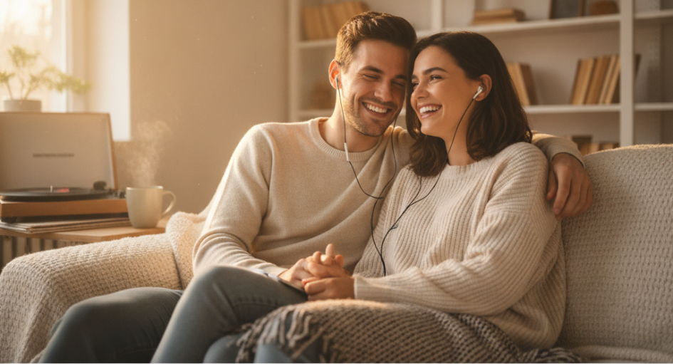 Casal feliz sentado no sofá de casa, de mãos dadas, ouvindo música com fones de ouvido na luz do sol.