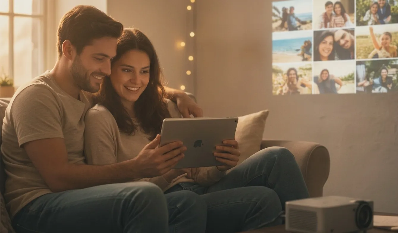 Casal abraçado no sofá olhando fotos em um tablet em sala aconchegante com projetor e lembranças projetadas.