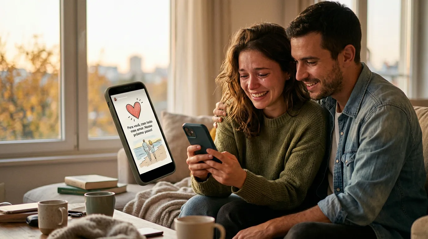 Casal emocionado em um sofá olhando para um smartphone com uma mensagem de amor e um desenho de casal na praia.