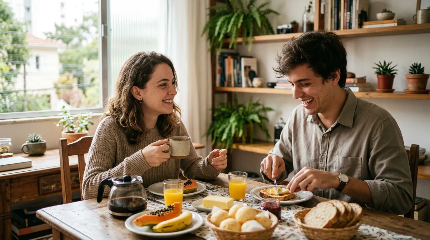 Casal sorrindo e rindo enquanto tomam café da manhã em mesa com frutas, pães e café.
