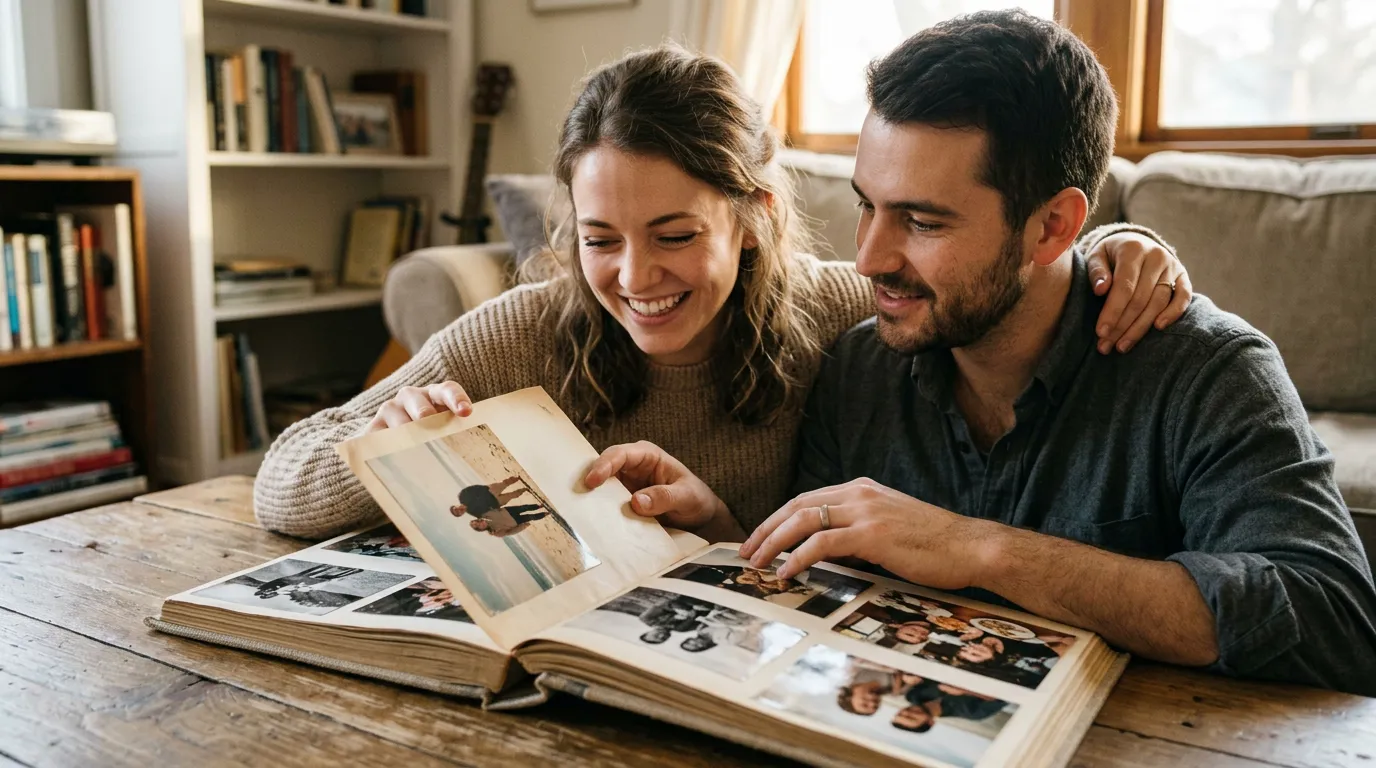 Casal sorridente sentado à mesa rústica, olhando e apontando para fotos em um álbum antigo e aberto.