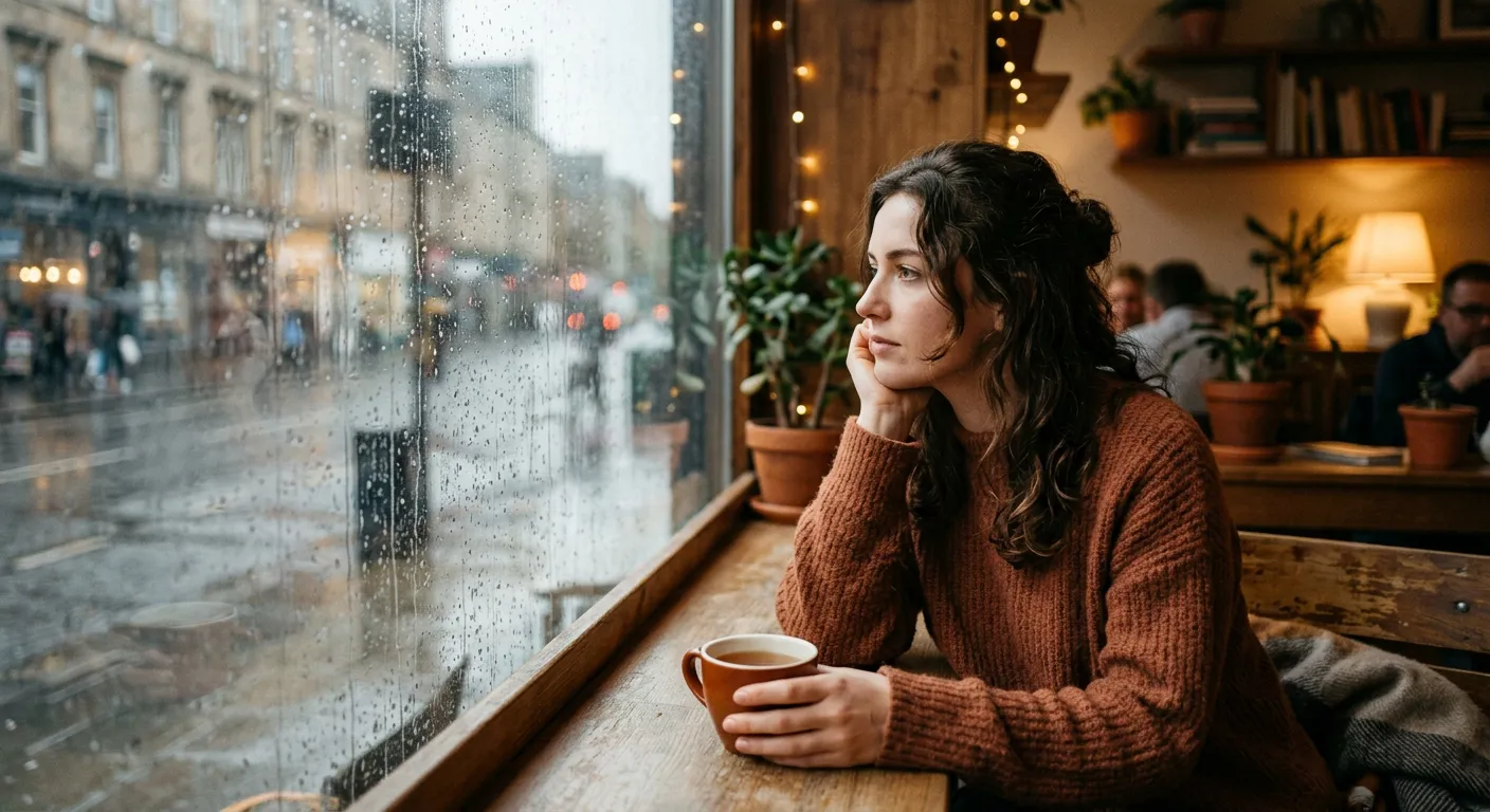 Mulher jovem pensativa olhando pela janela em um café aconchegante, segurando uma bebida quente.