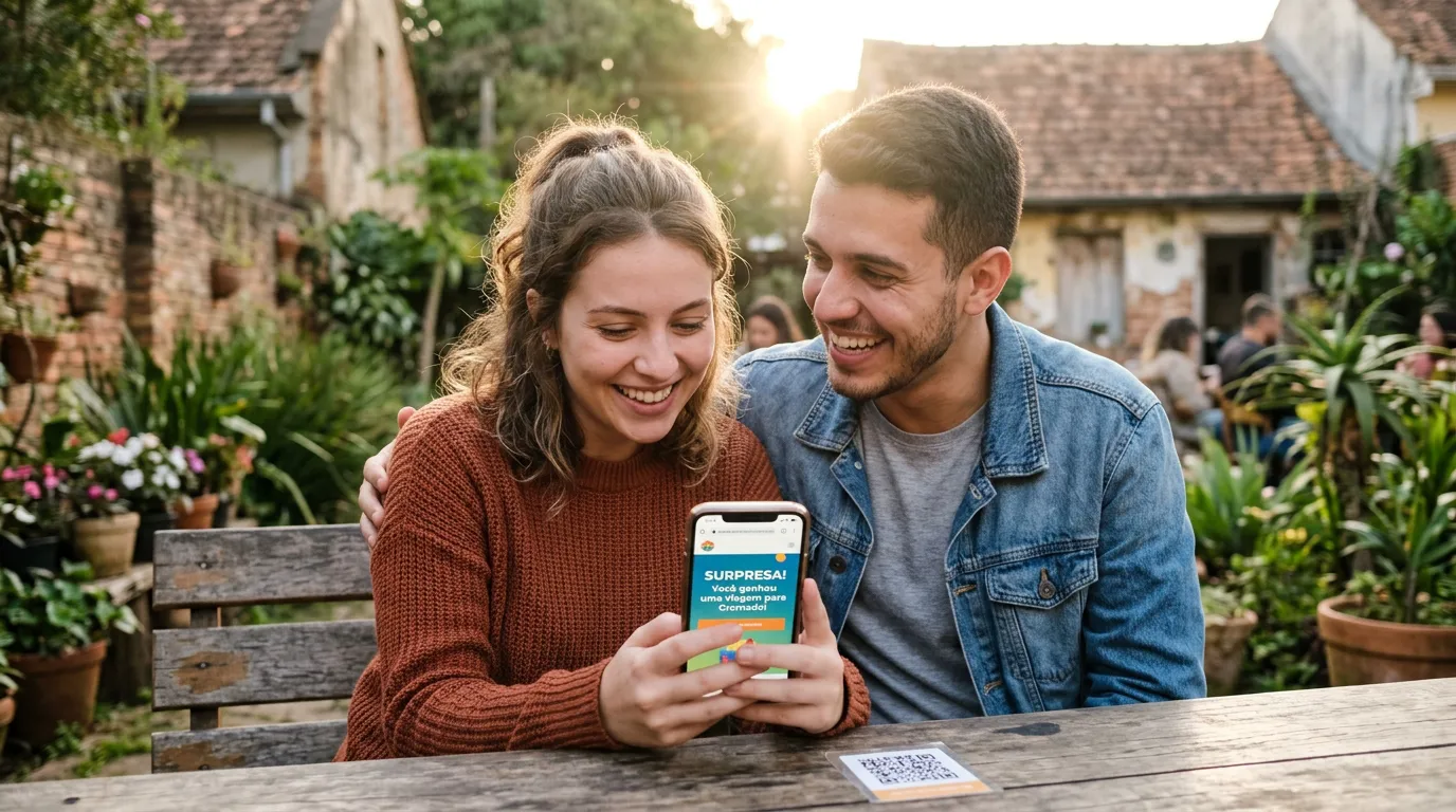 Casal sorrindo olha para celular mostrando surpresa de viagem em um jardim ao pôr do sol.