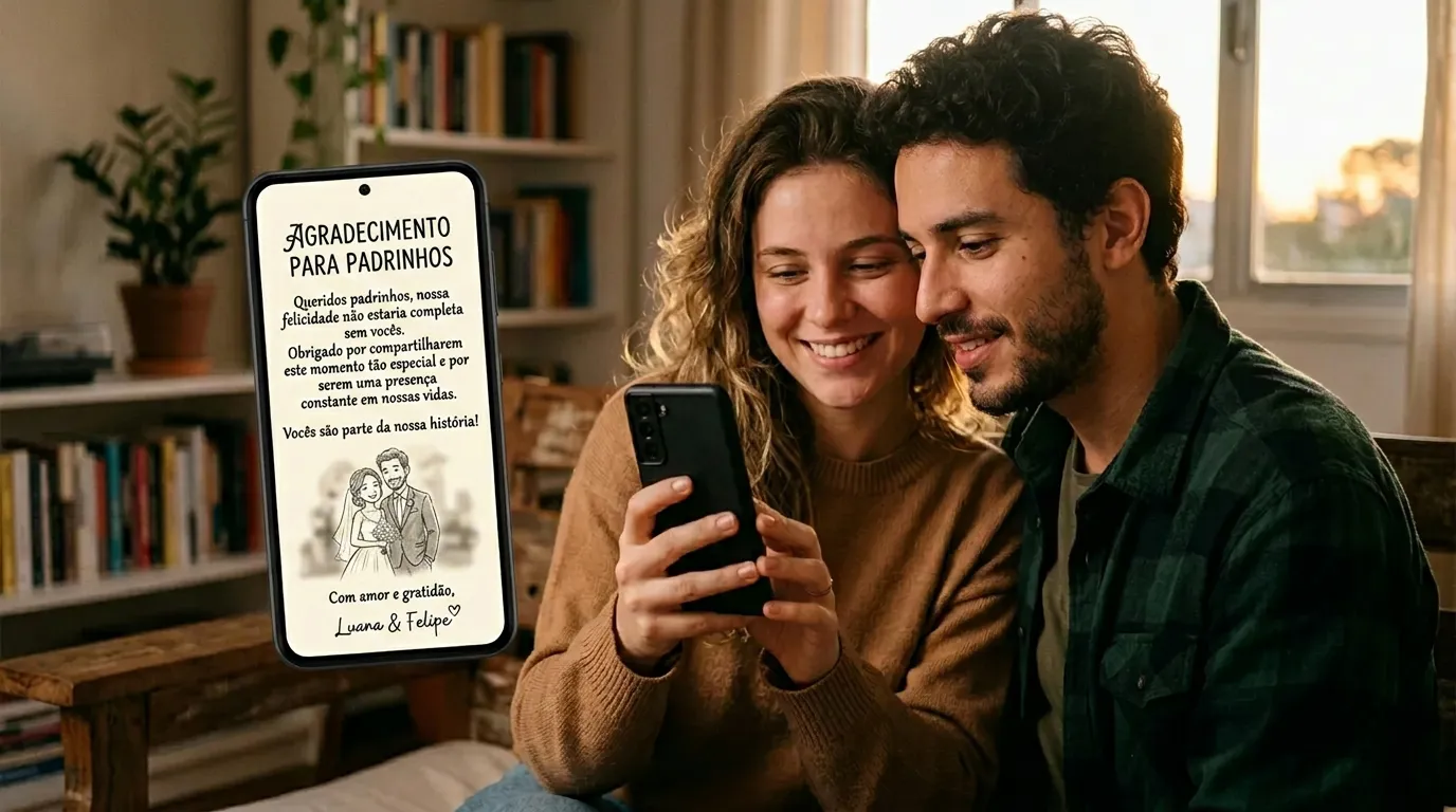 Casal sorrindo e abraçado no sofá lendo uma mensagem de agradecimento para padrinhos de casamento no celular.