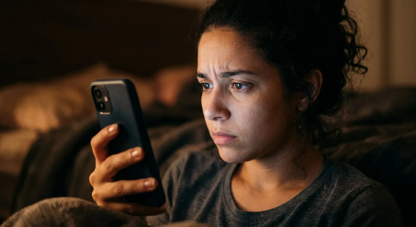 Mulher jovem com cabelo cacheado olhando preocupada para o smartphone na cama à noite.