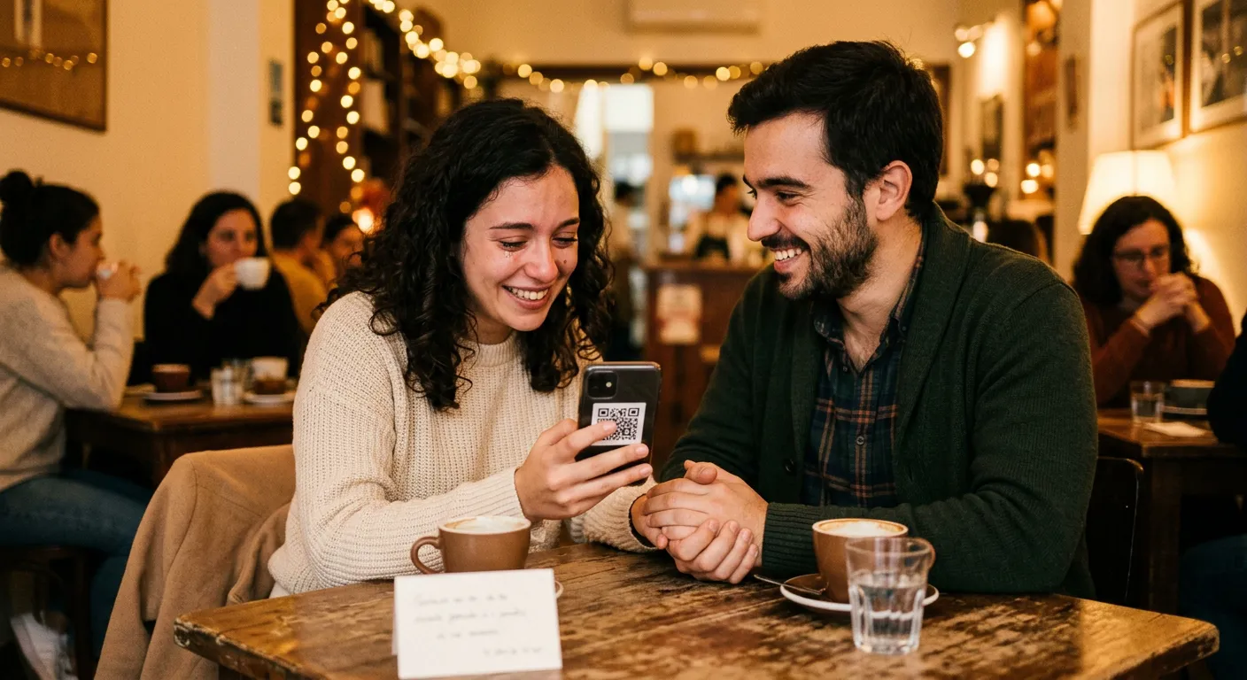 Casal sorrindo em um café ao ver um código escaneável no celular.