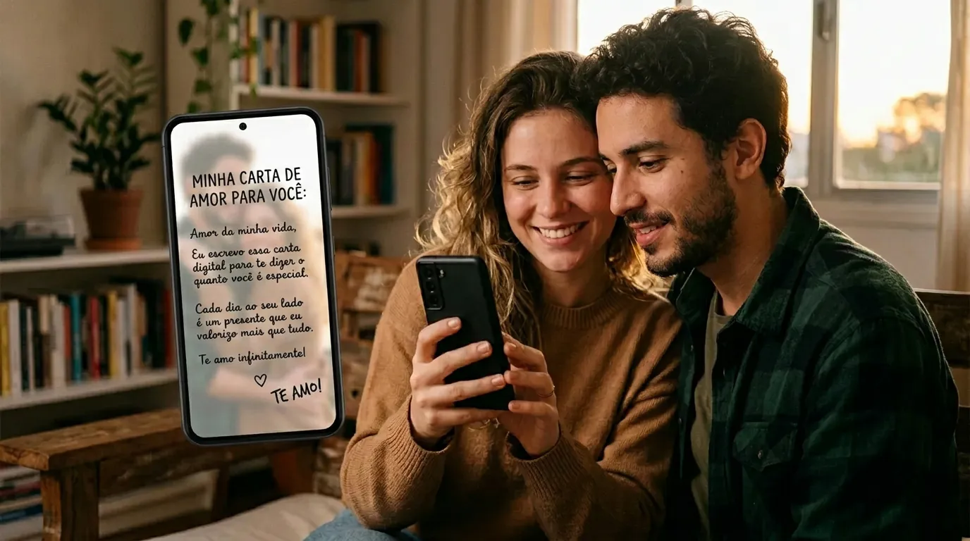 Casal sorridente lendo uma carta de amor digital flutuante na tela de um smartphone.