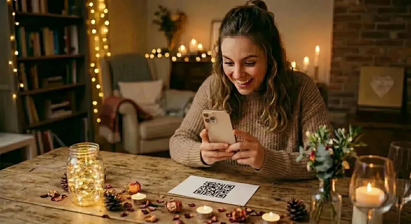 Jovem sorridente escaneando um código QR com o celular em uma mesa romântica à luz de velas.