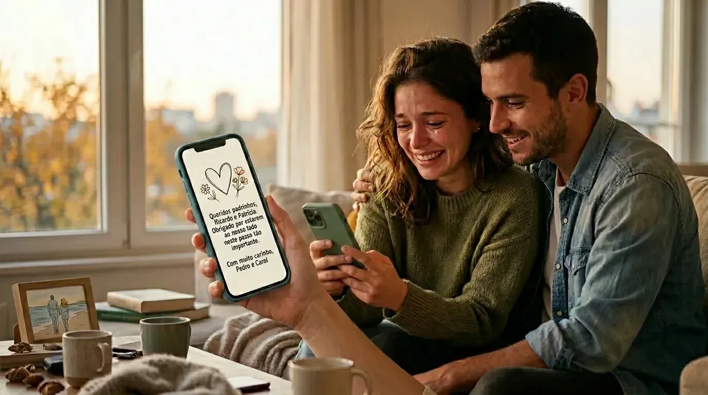 Casal emocionado olhando mensagem personalizada para padrinhos em tela de smartphone.