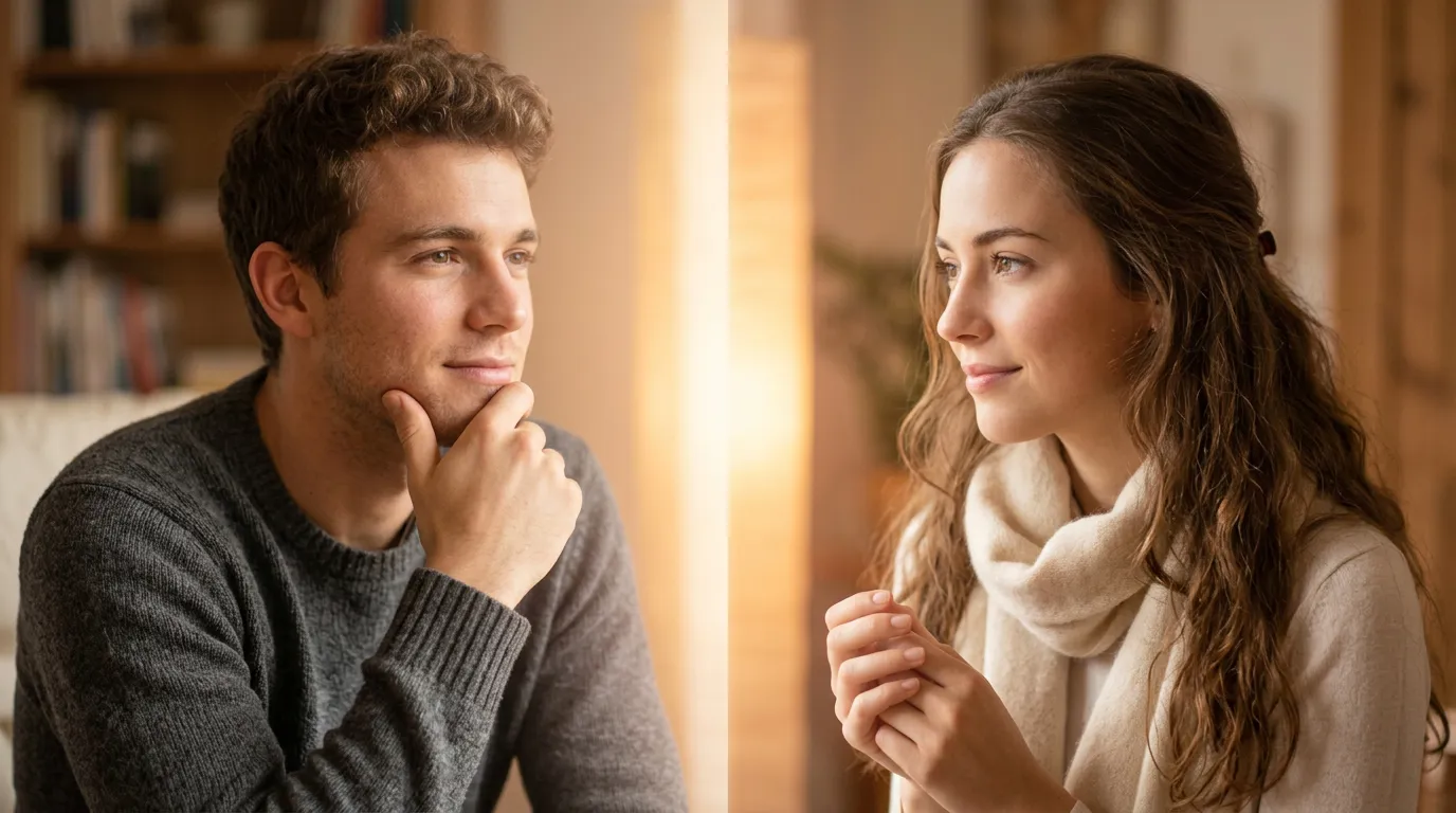 Díptico de um jovem pensativo e uma jovem sorrindo, conectando-se afetuosamente à distância.