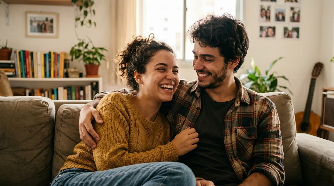 Casal jovem abraçado e sorrindo feliz no sofá da sala de estar.