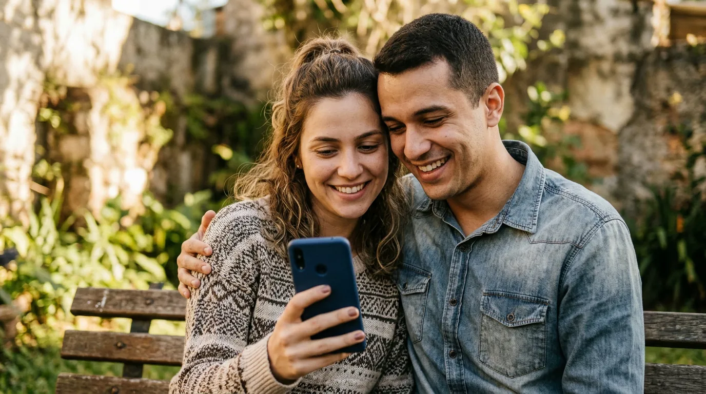 Casal sorridente em banco de jardim olhando juntos para um smartphone.