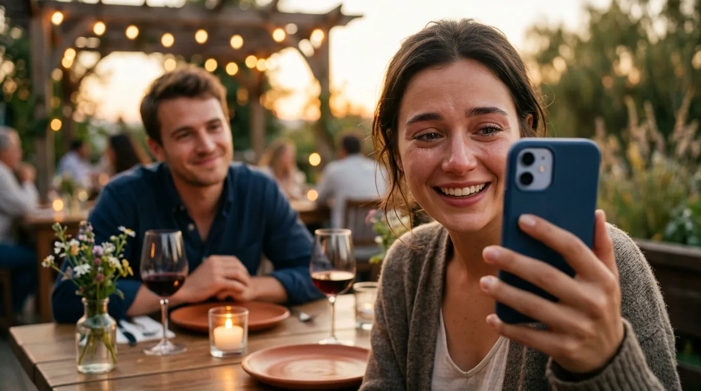 Mulher emocionada lendo mensagem no celular durante jantar com o parceiro.