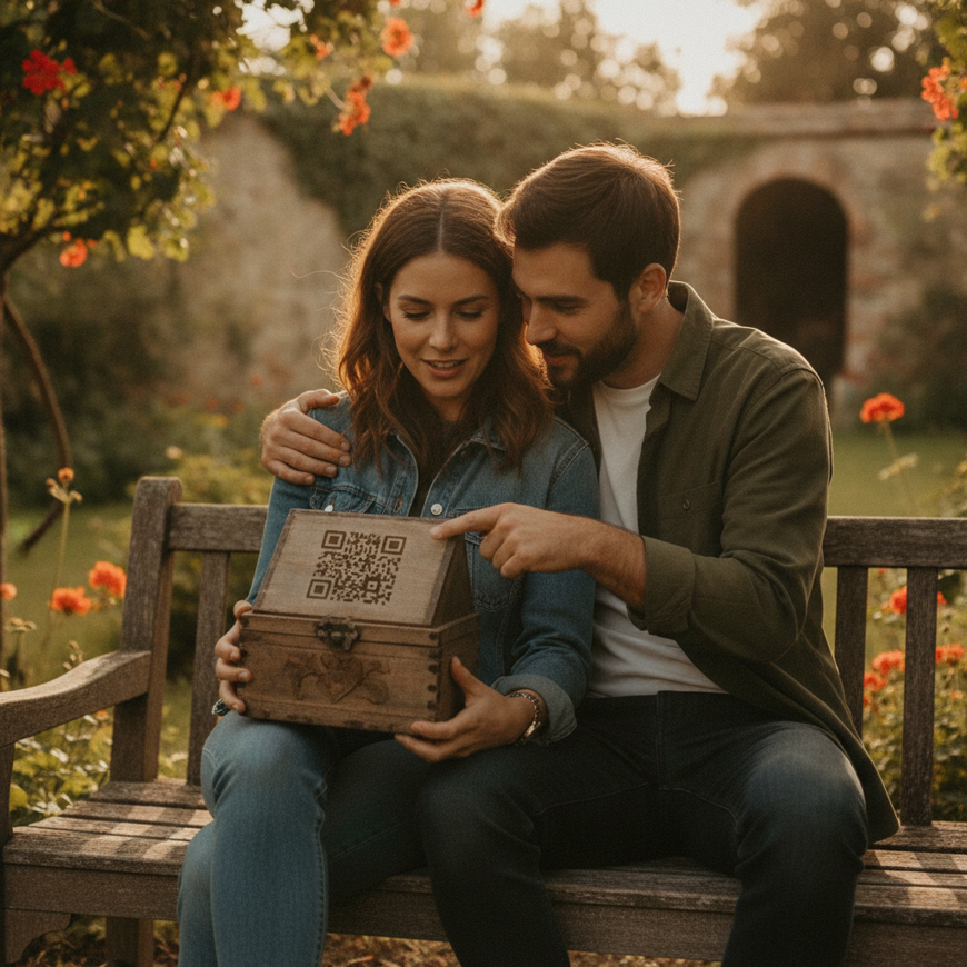 Casal sorrindo em um banco de jardim, segurando uma caixa de madeira com um código QR visível.