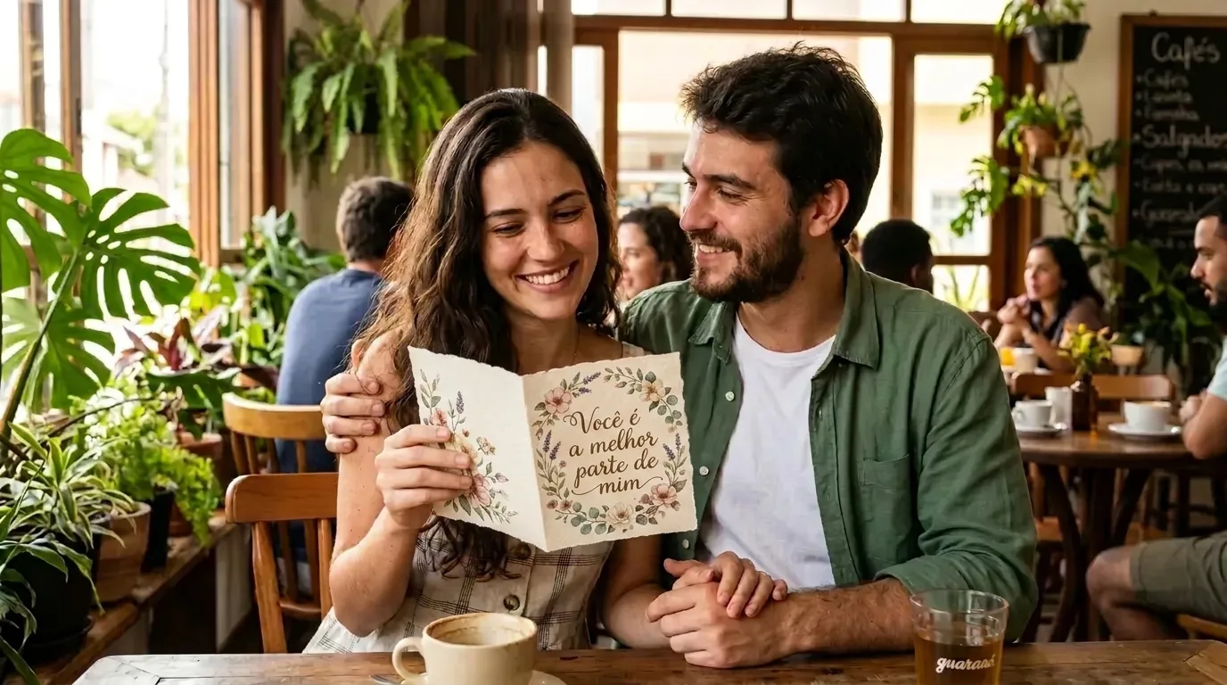 Casal sorri em cafeteria enquanto lê bilhete de amor com texto 'Você é a melhor parte de mim' e detalhes florais.