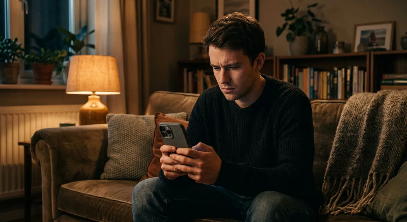 Homem com expressão séria olhando para o celular sentado no sofá à noite, em uma sala aconchegante.