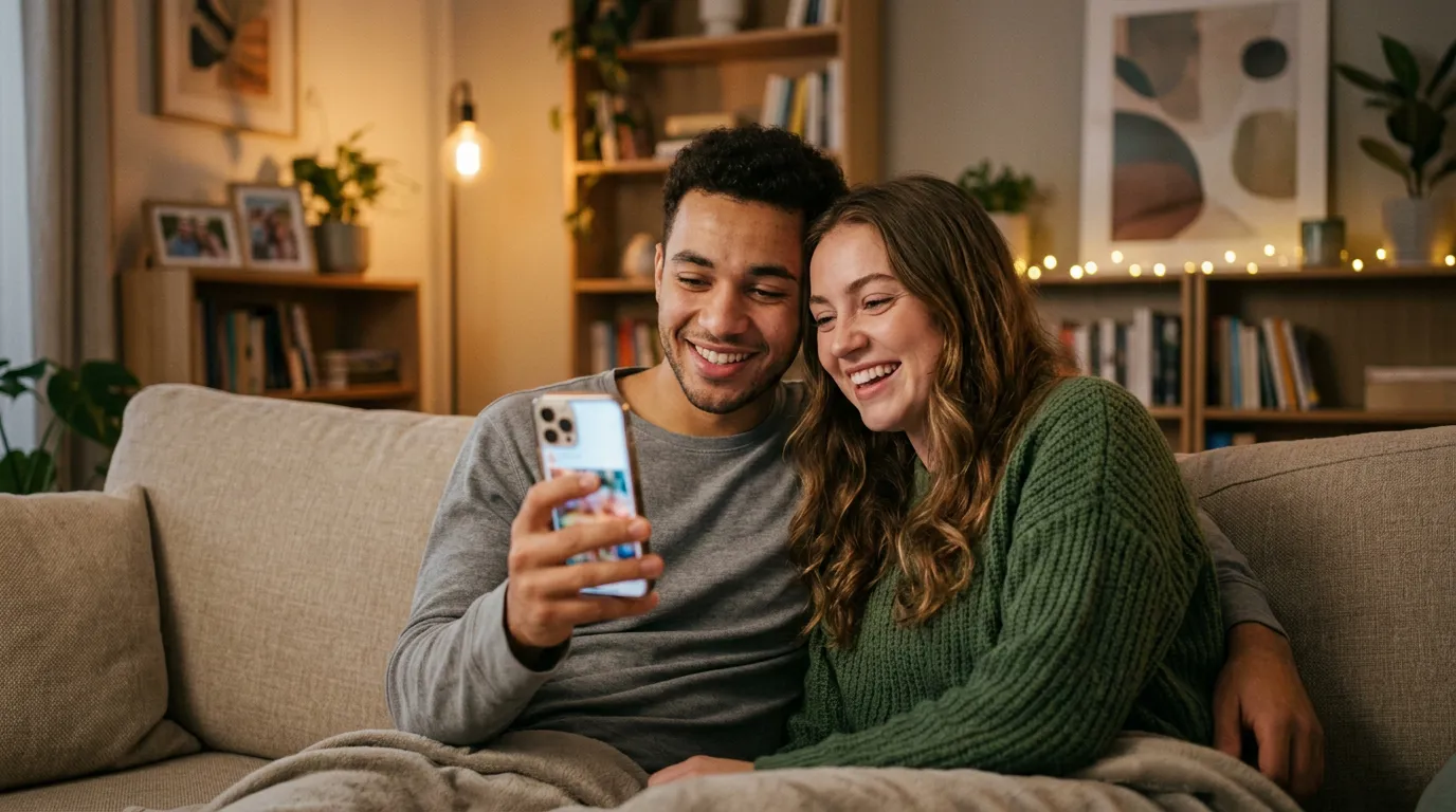 Casal rindo enquanto relembra momentos felizes em um celular.