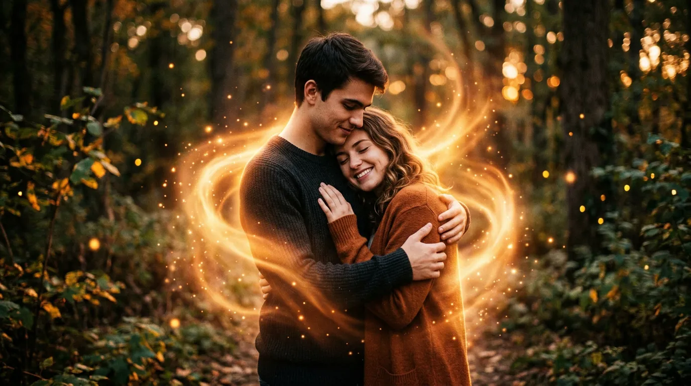 Casal jovem se abraçando na floresta, envoltos por um redemoinho de luz dourada mágica.
