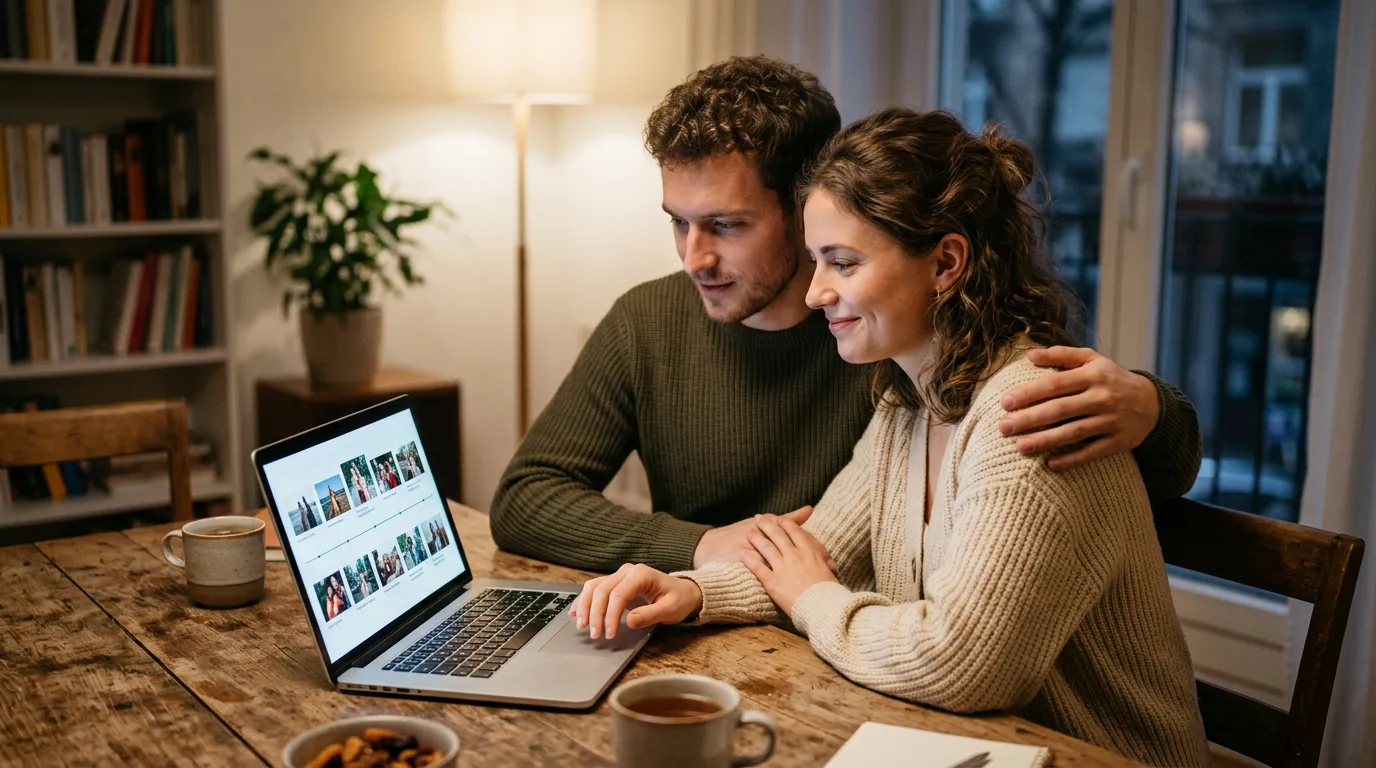 Casal sorridente em casa à noite vendo uma linha do tempo de fotos no laptop.