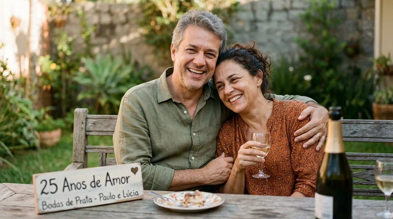 Casal maduro sorridente celebrando 25 anos de amor no jardim, com placa rústica, vinho e champanhe.