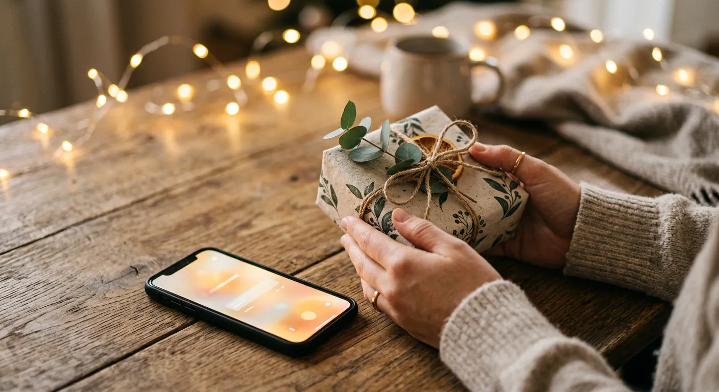 Presente embrulhado com papel botânico ao lado de um smartphone aceso.