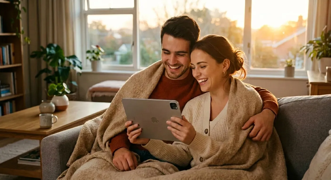 Casal abraçado ri alegremente enquanto olha um tablet no sofá.