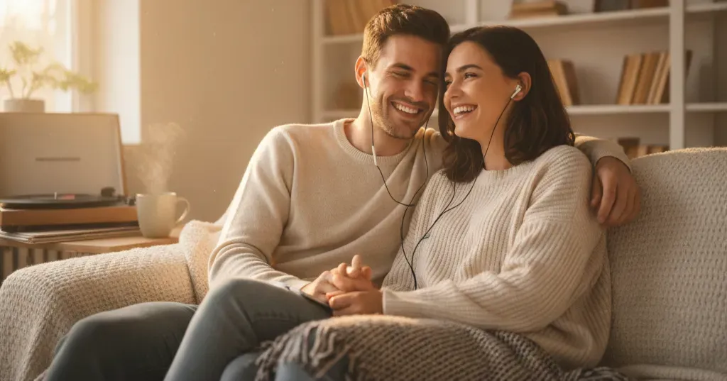 Casal sorridente dividindo o mesmo fone de ouvido em um sofá ensolarado.