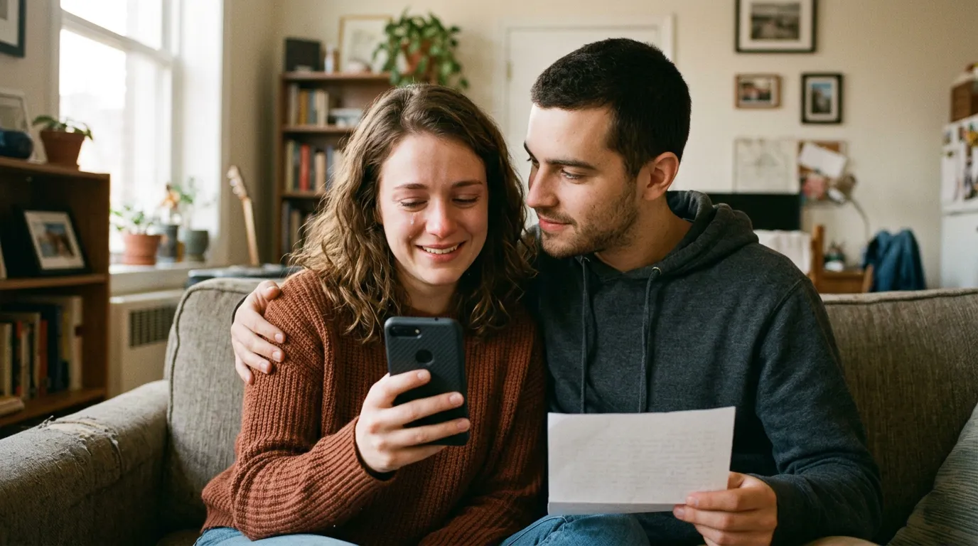 Casal no sofá: mulher chora de emoção ao ver o celular e o homem segura uma carta de papel.